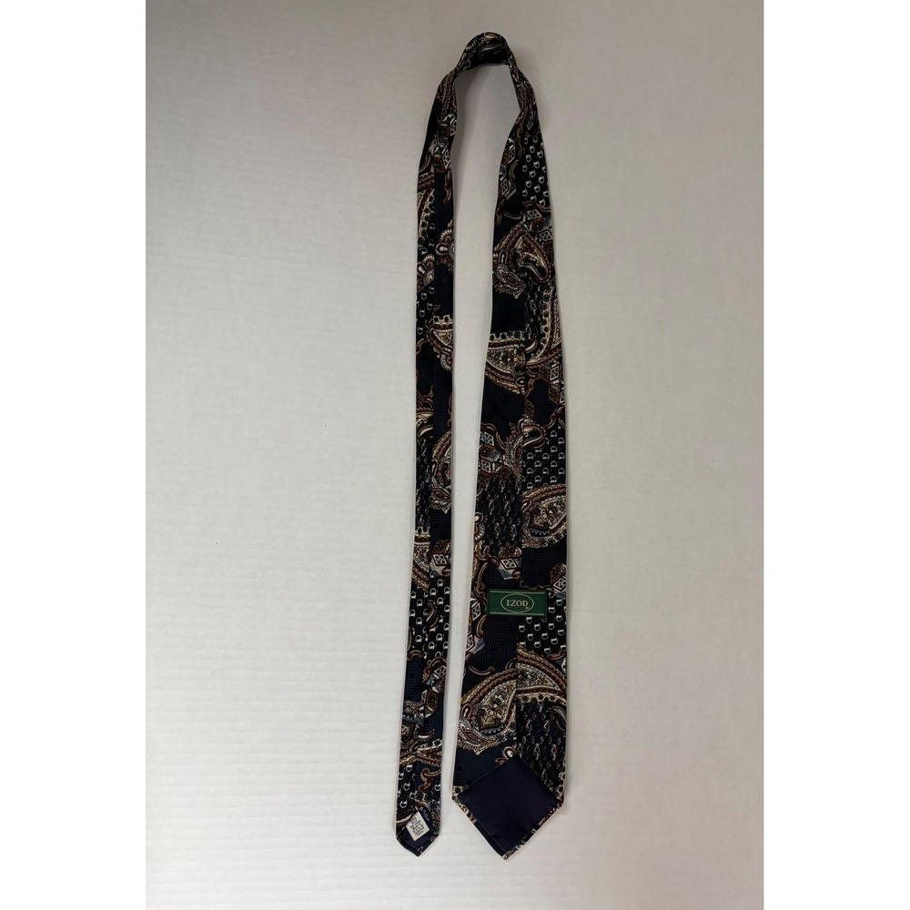 Izod Mens Silk Necktie Navy Blue Paisley Geometric Foulard Print Made in USA - Picture 8 of 9